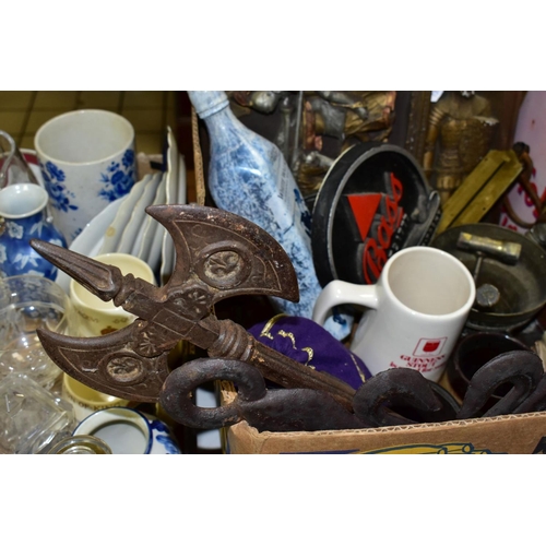 706 - A BOX OF METALWARES, REPLICA ADVERTISING ITEMS, ETC, including a pestle and mortar, Guinness Stout t... 