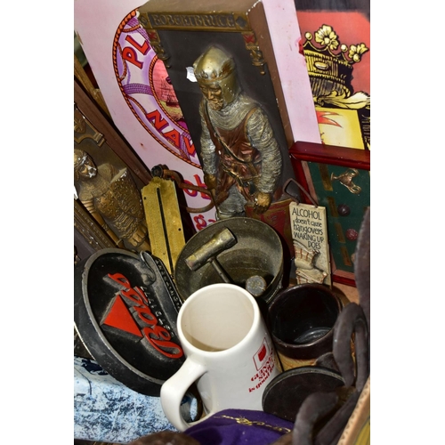 706 - A BOX OF METALWARES, REPLICA ADVERTISING ITEMS, ETC, including a pestle and mortar, Guinness Stout t... 