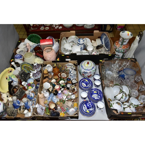 708 - FIVE BOXES AND LOOSE CERAMICS AND GLASSWARE, ETC, including two damaged Royal Doulton figures, a sma... 