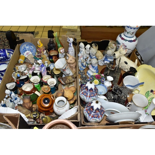 708 - FIVE BOXES AND LOOSE CERAMICS AND GLASSWARE, ETC, including two damaged Royal Doulton figures, a sma... 