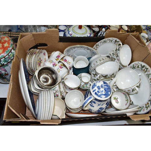 708 - FIVE BOXES AND LOOSE CERAMICS AND GLASSWARE, ETC, including two damaged Royal Doulton figures, a sma... 