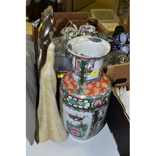 708 - FIVE BOXES AND LOOSE CERAMICS AND GLASSWARE, ETC, including two damaged Royal Doulton figures, a sma... 