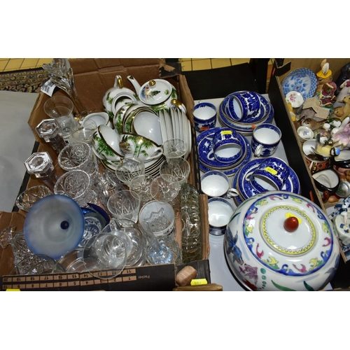 708 - FIVE BOXES AND LOOSE CERAMICS AND GLASSWARE, ETC, including two damaged Royal Doulton figures, a sma... 