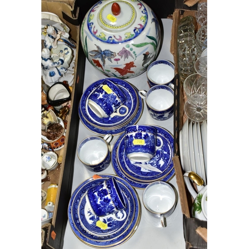 708 - FIVE BOXES AND LOOSE CERAMICS AND GLASSWARE, ETC, including two damaged Royal Doulton figures, a sma... 