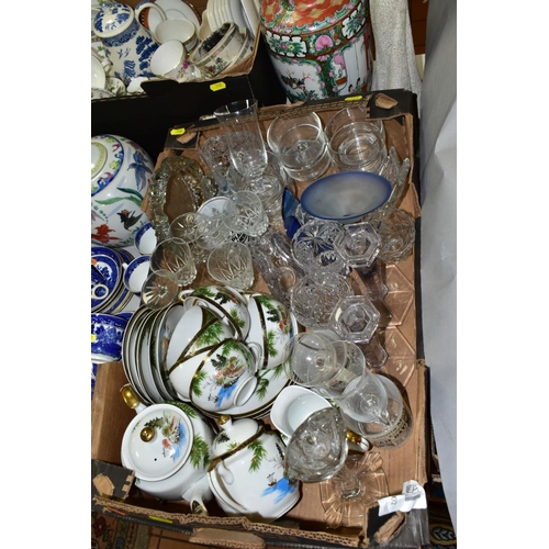 708 - FIVE BOXES AND LOOSE CERAMICS AND GLASSWARE, ETC, including two damaged Royal Doulton figures, a sma... 