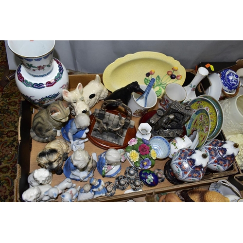 708 - FIVE BOXES AND LOOSE CERAMICS AND GLASSWARE, ETC, including two damaged Royal Doulton figures, a sma... 