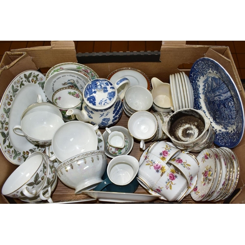 708 - FIVE BOXES AND LOOSE CERAMICS AND GLASSWARE, ETC, including two damaged Royal Doulton figures, a sma... 