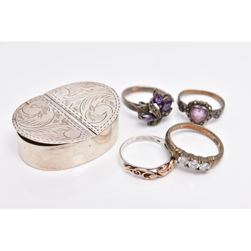 71 - A SILVER PILL BOX, A SILVER RING AND THREE WHITE METAL RINGS, the pill box of an oval form has two c... 