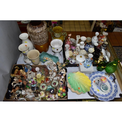 711 - TWO BOXES AND LOOSE CERAMICS AND GLASSWARE, including animal bird and figural ornaments, two Victori... 