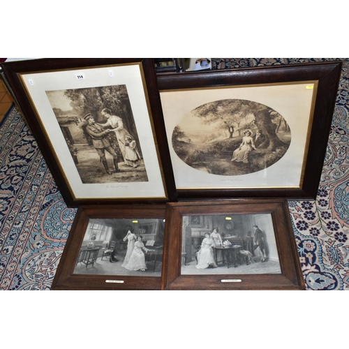 714 - EARLY 20TH CENTURY OAK FRAMED MONOCHROME PRINTS, comprising 'For King and Country' by Graham Wallace... 