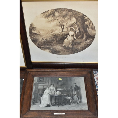 714 - EARLY 20TH CENTURY OAK FRAMED MONOCHROME PRINTS, comprising 'For King and Country' by Graham Wallace... 