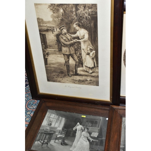 714 - EARLY 20TH CENTURY OAK FRAMED MONOCHROME PRINTS, comprising 'For King and Country' by Graham Wallace... 