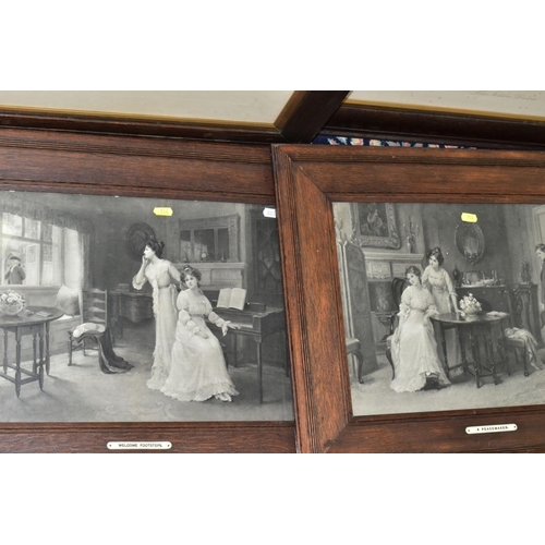 714 - EARLY 20TH CENTURY OAK FRAMED MONOCHROME PRINTS, comprising 'For King and Country' by Graham Wallace... 