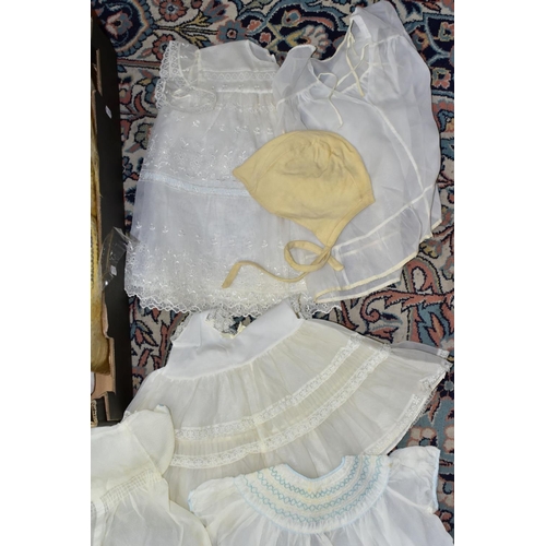 718 - A BOX OF VINTAGE BABY AND TODDLERS CLOTHING ETC, mostly white and cream in colour, to include woolle... 