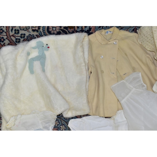 718 - A BOX OF VINTAGE BABY AND TODDLERS CLOTHING ETC, mostly white and cream in colour, to include woolle... 