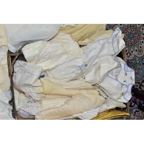 718 - A BOX OF VINTAGE BABY AND TODDLERS CLOTHING ETC, mostly white and cream in colour, to include woolle... 