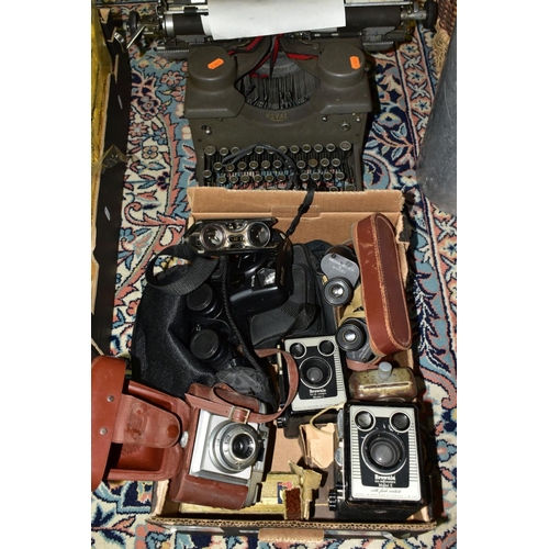 719 - BINOCULARS, CAMERAS AND TYPEWRITER, ETC, to include a pair of Kershaw military prism No.2 MKIII bino... 