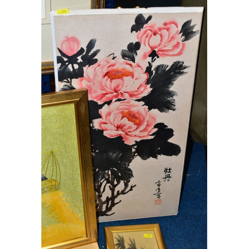 729 - CHINESE AND VIETNAMESE ART, to include watercolours on paper, painting on board depicting white duck... 