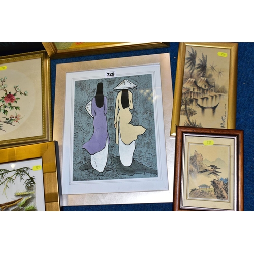 729 - CHINESE AND VIETNAMESE ART, to include watercolours on paper, painting on board depicting white duck... 