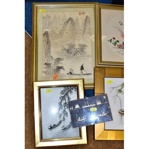 729 - CHINESE AND VIETNAMESE ART, to include watercolours on paper, painting on board depicting white duck... 