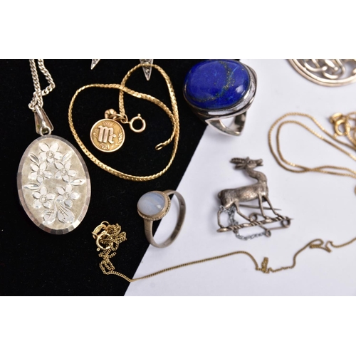 73 - A BAG OF ASSORTED JEWELLERY, to include a silver Lapis Lazuli cabochon ring, hallmarked Birmingham, ... 