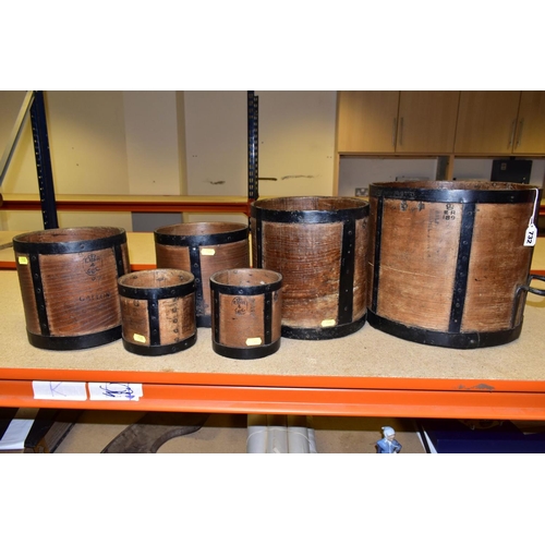 732 - SIX BENTWOOD CORN MEASURES WITH IRON BANDING, sizes are half bushell, peck, gallon (x2) and quart (x... 