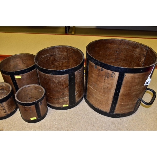 732 - SIX BENTWOOD CORN MEASURES WITH IRON BANDING, sizes are half bushell, peck, gallon (x2) and quart (x... 