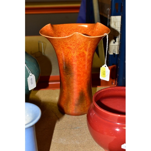 733 - A PILKINGTONS ROYAL LANCASTRIAN WAVY AND FLARED RIM CONICAL VASE, mottled orange glaze with patches ... 