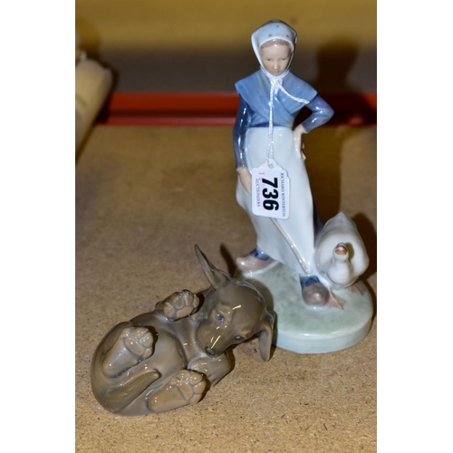 736 - TWO ROYAL COPENHAGEN FIGURES, comprising Goose Girl No 067, height 18.5cm and Dachshund Puppy No 140... 