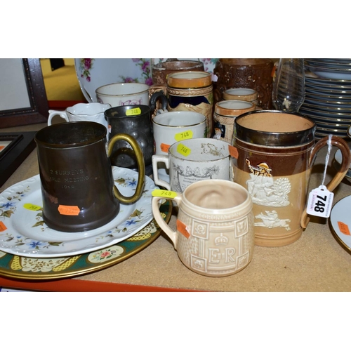 748 - A SMALL QUANTITY OF CERAMICS AND METALWARES, including commemorative items, a Doulton Lambeth stonew... 