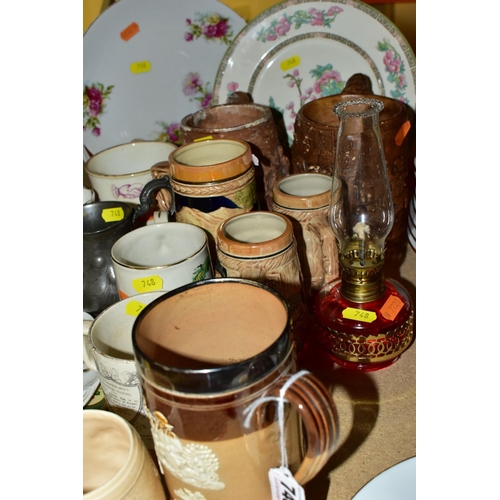 748 - A SMALL QUANTITY OF CERAMICS AND METALWARES, including commemorative items, a Doulton Lambeth stonew... 