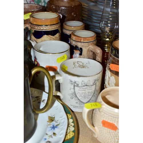 748 - A SMALL QUANTITY OF CERAMICS AND METALWARES, including commemorative items, a Doulton Lambeth stonew... 