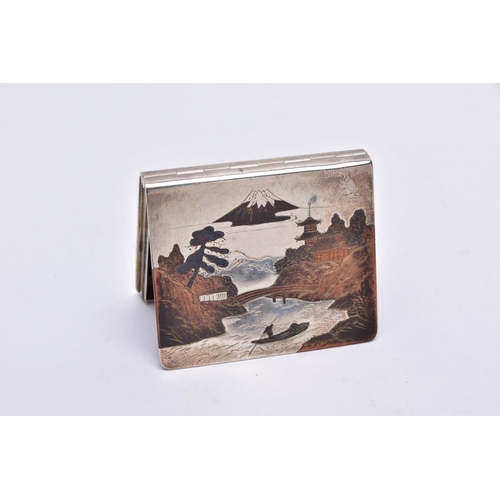 77 - A WHITE METAL JAPANESE STYLE BOX, hinged square box, depicting a tri-coloured oriental river and mou... 