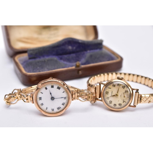 82 - TWO GOLD CASED LADIES WRISTWATCHES, each fitted to gold plated bracelets, an early 20th century whit... 