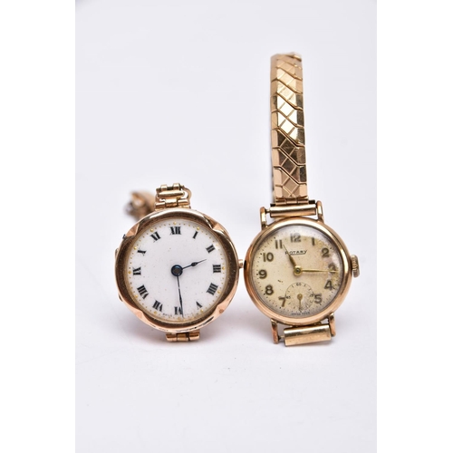 82 - TWO GOLD CASED LADIES WRISTWATCHES, each fitted to gold plated bracelets, an early 20th century whit... 