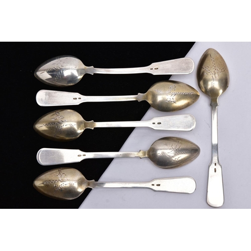 88 - A SET OF SIX RUSSIAN, FIDDLE PATTERN TEASPOONS, each with a gilt bowl, engraved design to the revers... 