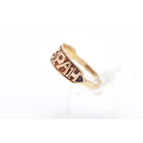 9 - A 9CT GOLD 'MIZPAH' RING, inscribed 'Mizpah' band, with a textured background, hallmarked 9ct gold B... 