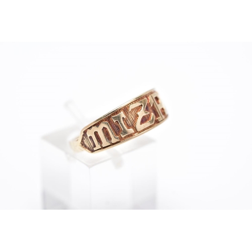 9 - A 9CT GOLD 'MIZPAH' RING, inscribed 'Mizpah' band, with a textured background, hallmarked 9ct gold B... 