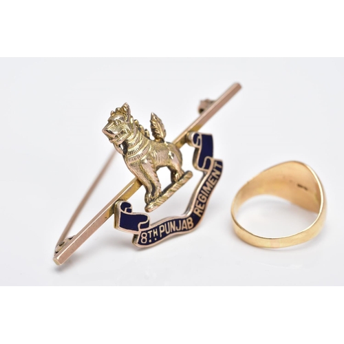 91 - AN 18CT GOLD SIGNET RING AND A YELLOW METAL REGIMENT BADGE, oval signet ring with an engraved monogr... 