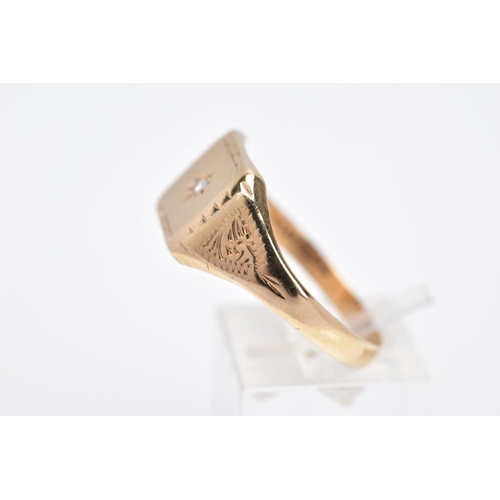 96 - A GENTS 9CT GOLD DIAMOND SET SIGNET RING, of a square form, with a central star set single cut diamo... 