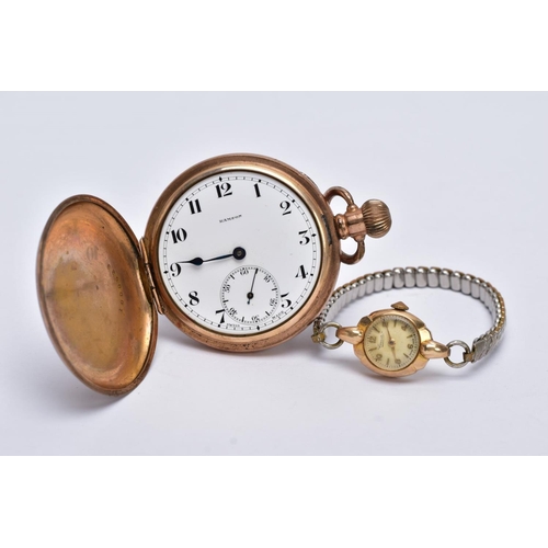 98 - A LADIES 9CT GOLD CASED WRISTWATCH AND A GOLD PLATED POCKET WATCH, the ladies wristwatch with a roun... 