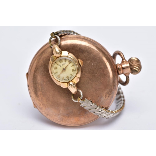 98 - A LADIES 9CT GOLD CASED WRISTWATCH AND A GOLD PLATED POCKET WATCH, the ladies wristwatch with a roun... 