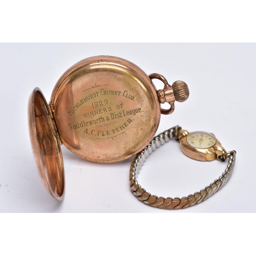 98 - A LADIES 9CT GOLD CASED WRISTWATCH AND A GOLD PLATED POCKET WATCH, the ladies wristwatch with a roun... 