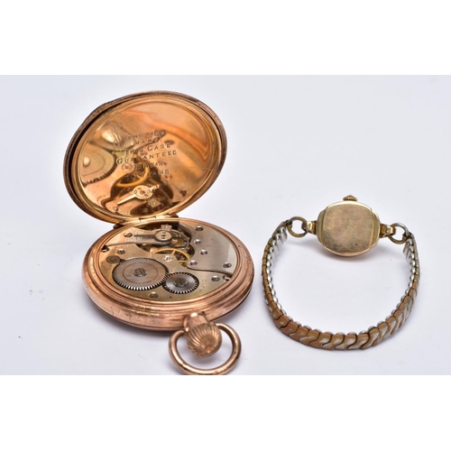 98 - A LADIES 9CT GOLD CASED WRISTWATCH AND A GOLD PLATED POCKET WATCH, the ladies wristwatch with a roun... 