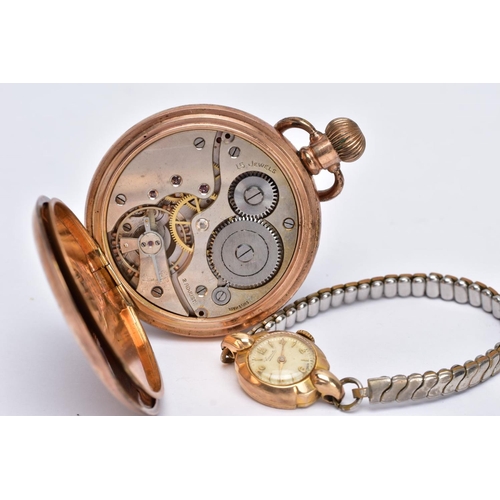 98 - A LADIES 9CT GOLD CASED WRISTWATCH AND A GOLD PLATED POCKET WATCH, the ladies wristwatch with a roun... 