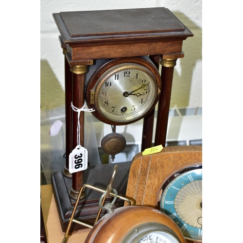 396 - TWO MANTEL CLOCKS AND A BAROMETER, comprising an Edwardian portico mahogany stained mantel clock, ci... 