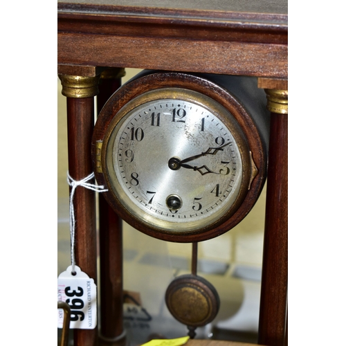 396 - TWO MANTEL CLOCKS AND A BAROMETER, comprising an Edwardian portico mahogany stained mantel clock, ci... 