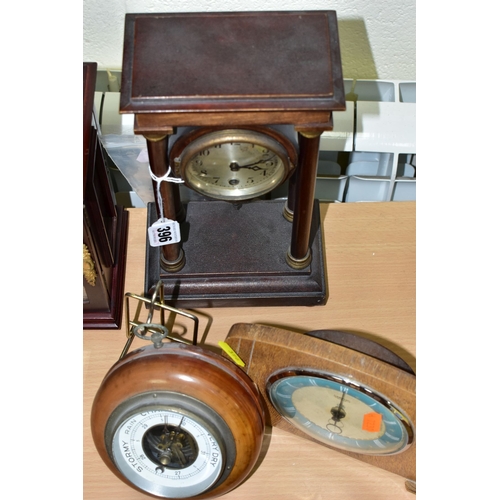 396 - TWO MANTEL CLOCKS AND A BAROMETER, comprising an Edwardian portico mahogany stained mantel clock, ci... 