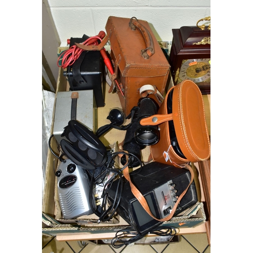 398 - A BOX OF CASED AND LOOSE BINOCULARS, ELECTRICAL METERS, COINS, ETC, including a mid 20th century mah... 