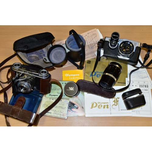 753 - AN ORIGINAL OLYMPUS F HALF FRAME FILM CAMERA fitted with a 38mm f1.8 Olympus Zuiko lens and F T expo... 